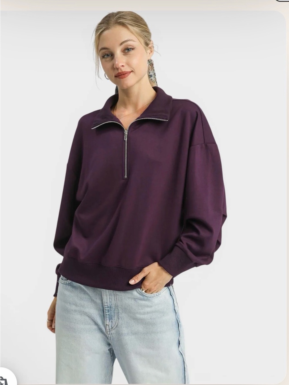 Umgee Half-Zip Scuba Pullover Sweatshirt in Plum